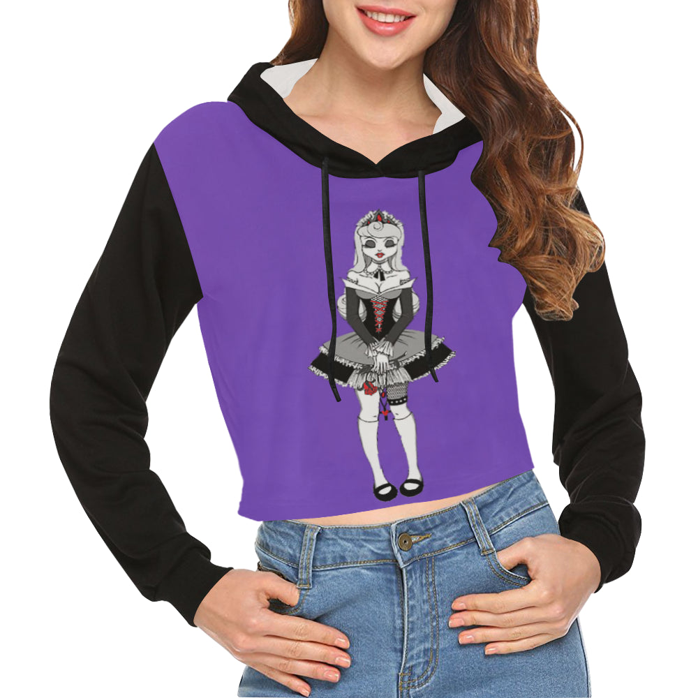 Goth Disney Princess Alice Purple & Black All Over Print Crop Hoodie for Women